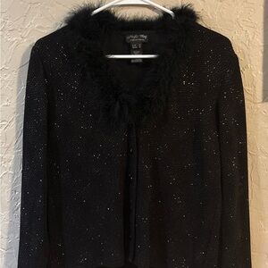 Night Way Women’s Black Sparkle Feather Trim Cardigan Blouse Size S
